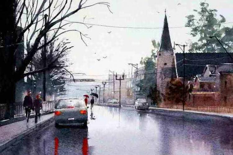 Рисуем мокрую улицу с отражениями акварелью