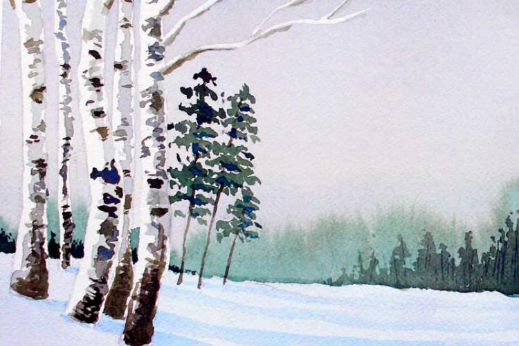 Как нарисовать зимний пейзаж акварелью