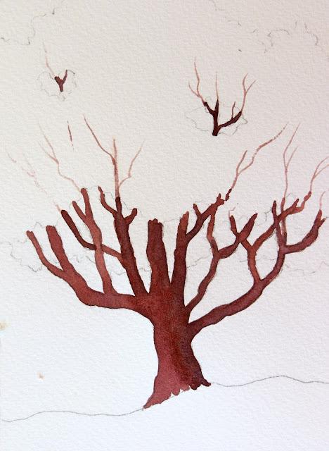 Рисуем цветущее дерево акварелью - шаг 1