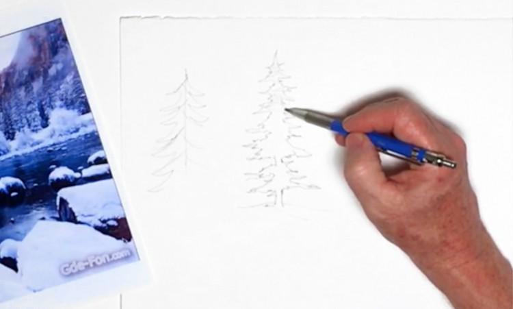 Рисуем заснеженные кустарники и деревья акварелью - шаг 1