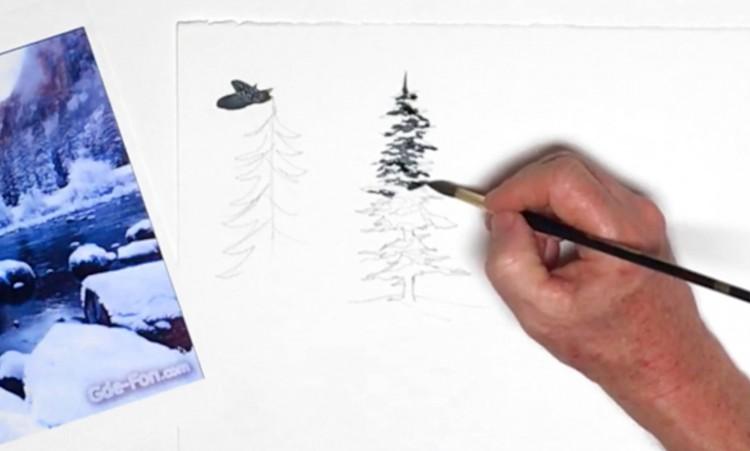 Рисуем заснеженные кустарники и деревья акварелью - шаг 2