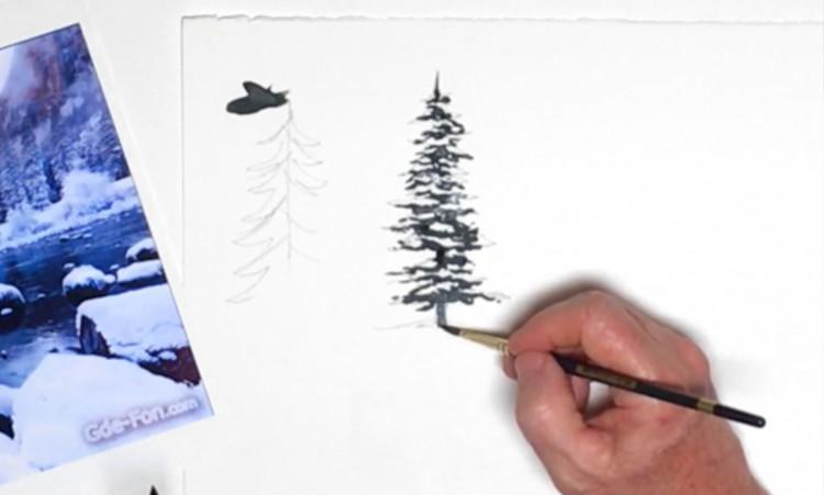 Рисуем заснеженные кустарники и деревья акварелью - шаг 3