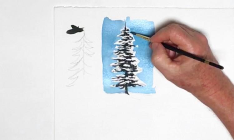Рисуем заснеженные кустарники и деревья акварелью - шаг 4