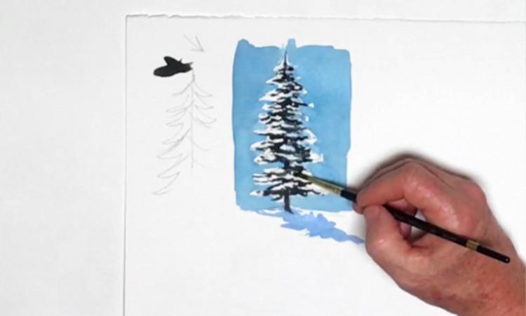 Рисуем заснеженные кустарники и деревья акварелью - шаг 5