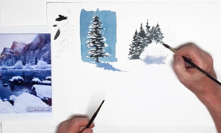 Рисуем заснеженные кустарники и деревья акварелью - шаг 8