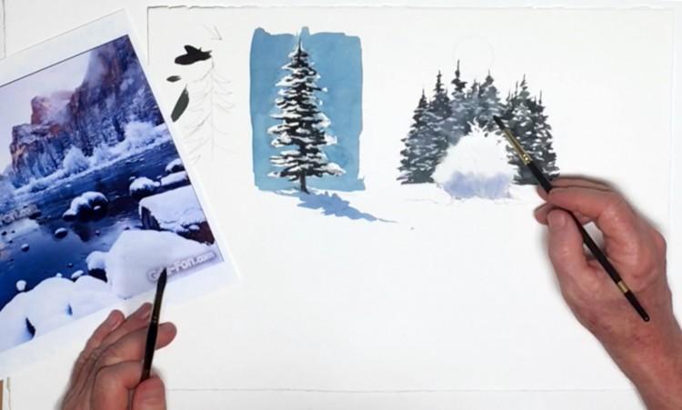 Рисуем заснеженные кустарники и деревья акварелью - шаг 9