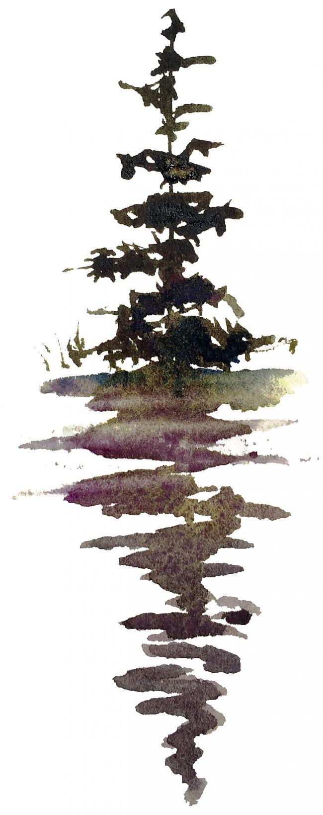 елка, отраженная в воде акварелью