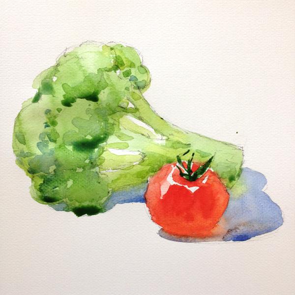 Рисуем брокколи и томат акварелью - шаг 2