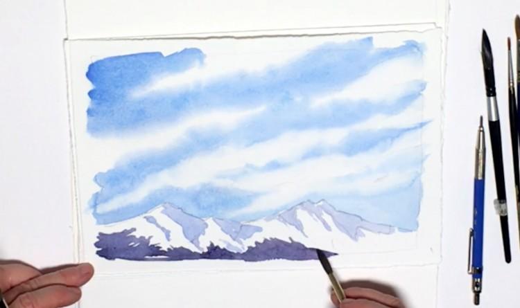 Рисуем небо с перистыми облаками и заснеженные горы - шаг 6