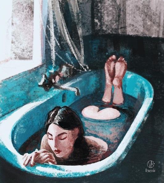 девушка купается в ванне акварелью
