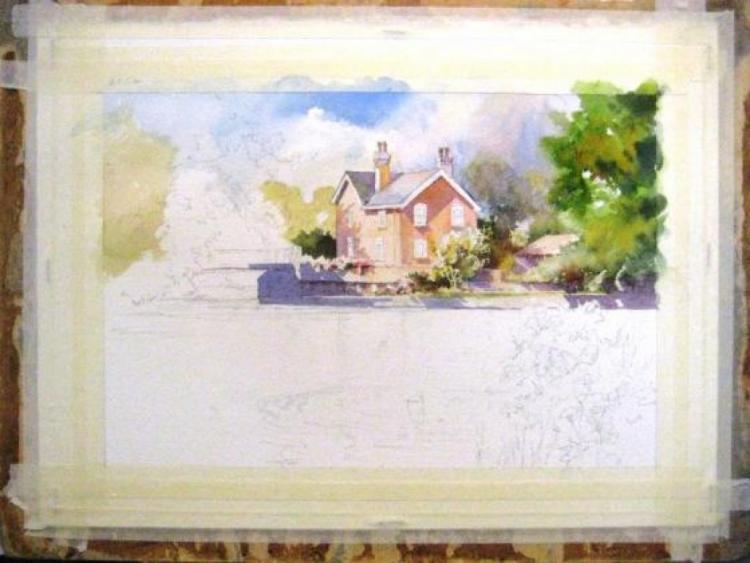 Рисуем дом, отражающийся в воде, акварелью - шаг 2