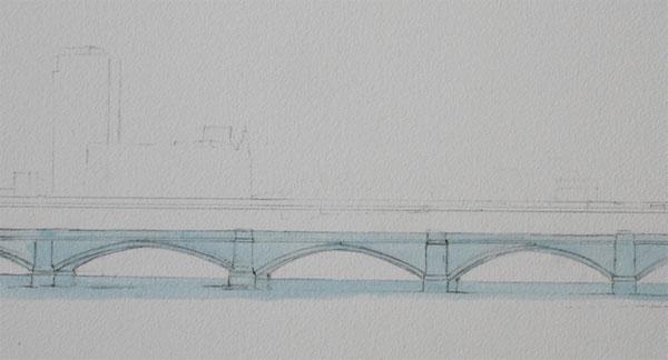 Рисуем городской мост акварелью - шаг 1