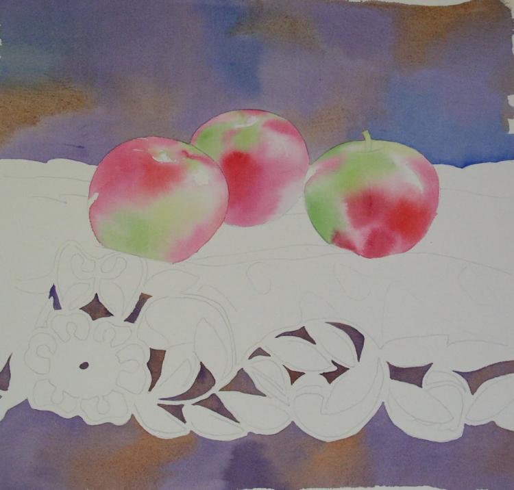 Рисуем натюрморт с яблоками акварелью - шаг 7