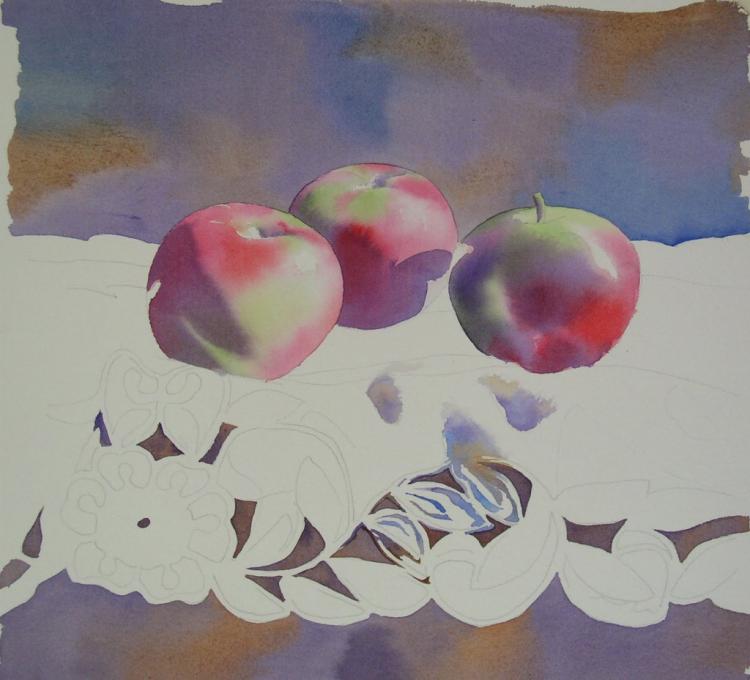 Рисуем натюрморт с яблоками акварелью - шаг 8