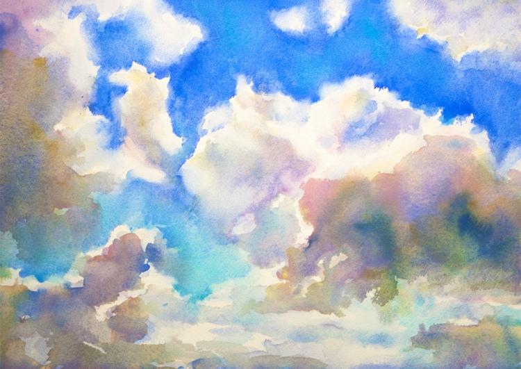 Облачное небо акварелью пошагово