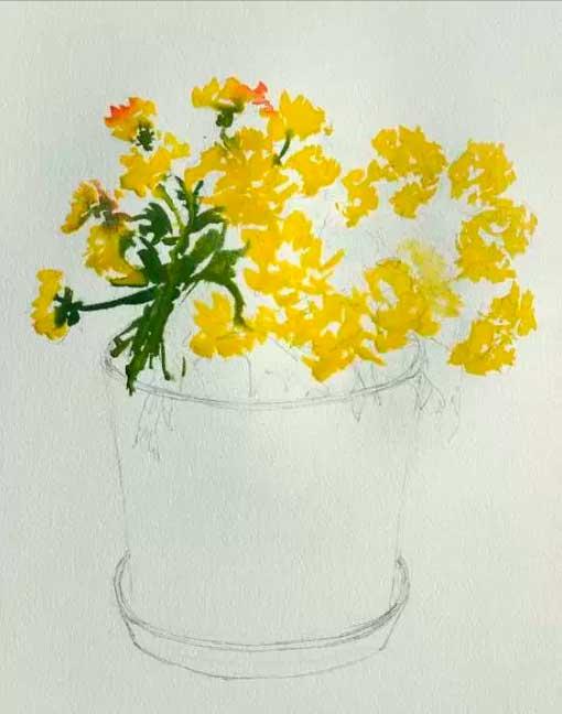 Рисуем желтые хризантемы акварелью - шаг 3
