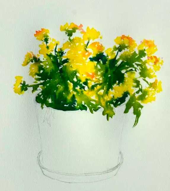 Рисуем желтые хризантемы акварелью - шаг 4