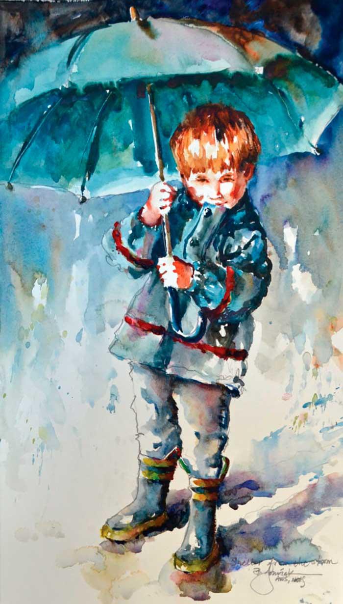 мальчик с зонтиком акварель