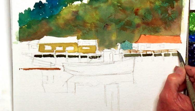Рисуем пейзаж с яхтой акварелью - шаг 4