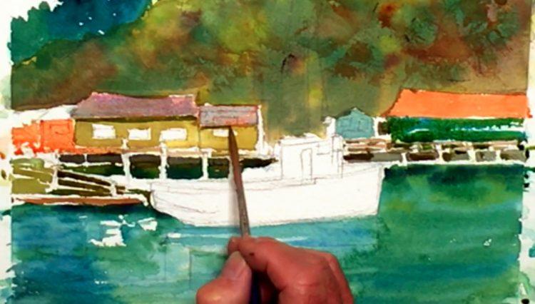 Рисуем пейзаж с яхтой акварелью - шаг 6