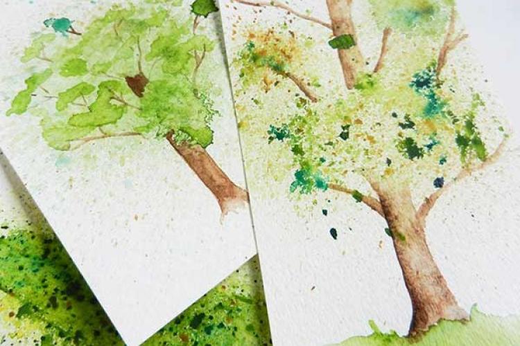 Как нарисовать дерево брызгами акварельной краски
