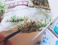 Рисуем живописный пруд акварелью пошагово