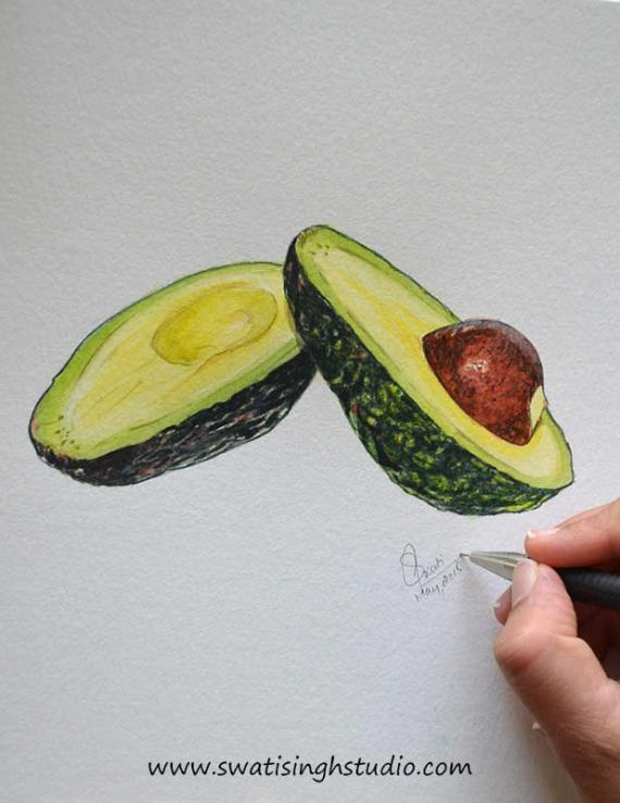 Как реалистично нарисовать авокадо акварелью